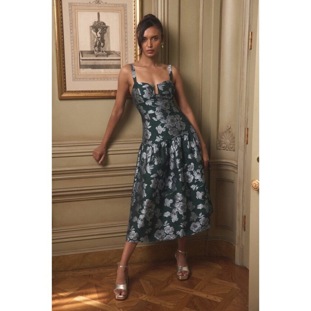 Elegant Green Floral Midi Dress with Silver Accents